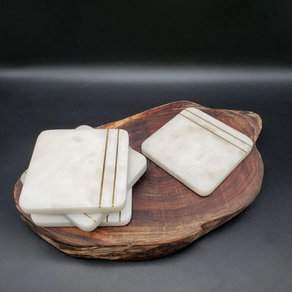 Vintage White Marble Coasters w Brass Inlay Lines 4